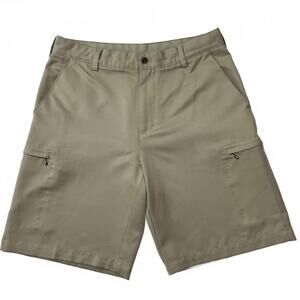IZOD Men’s Golf Shorts Size 33 Khaki Performance Polyester Flat Front 10” Inseam